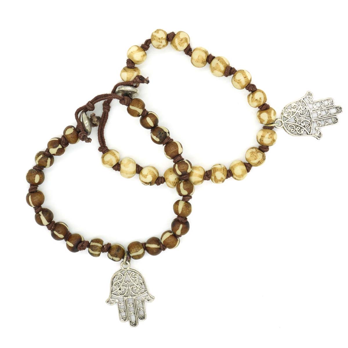Bracelets in Bulk – Pair of 2 Bracelets – Wooden Beads & Cotton Thread – Metal Hand Motifs – Wholesale Jewelry Collection